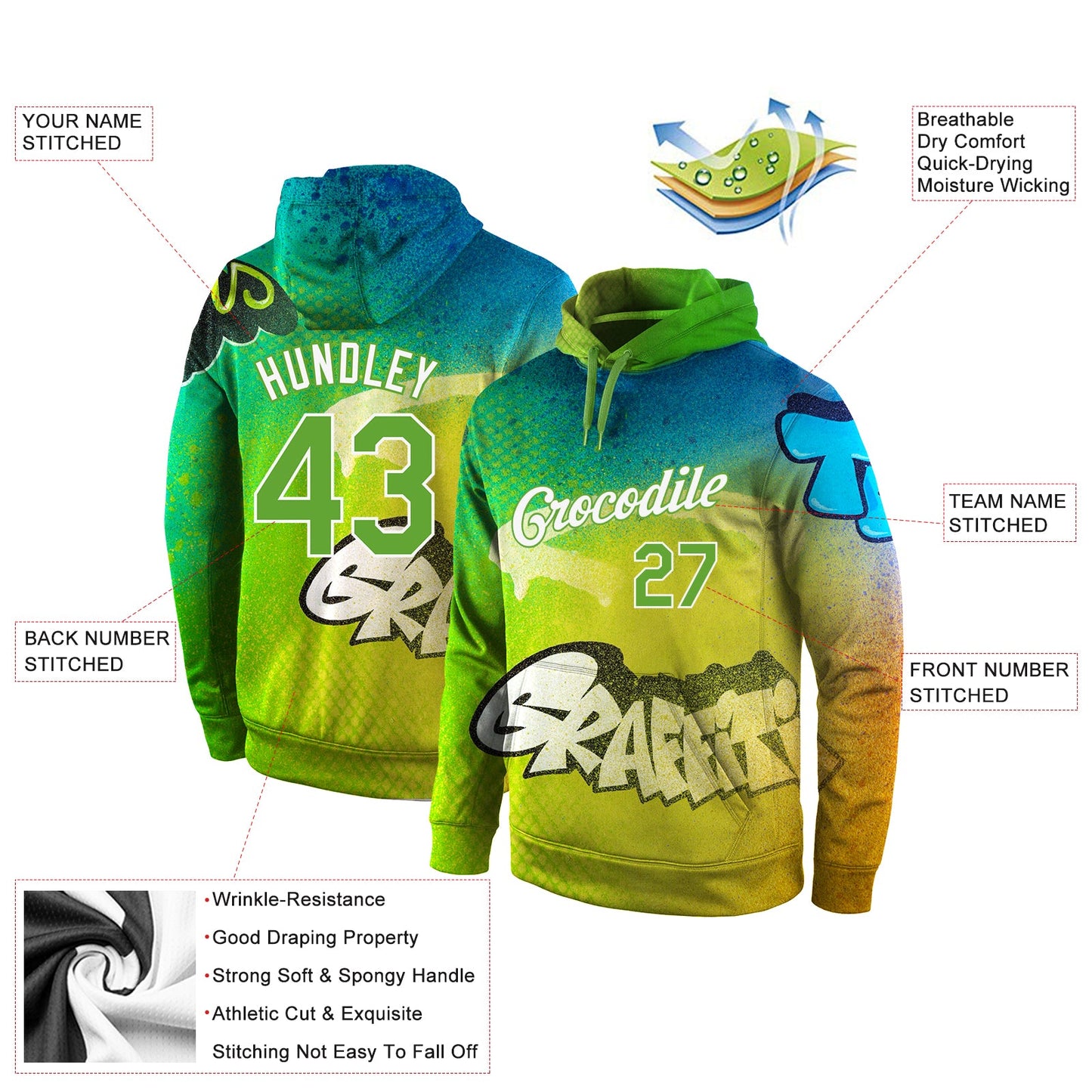 Custom Stitched Graffiti Pattern Neon Green-White 3D Sports Pullover Sweatshirt Hoodie view 4