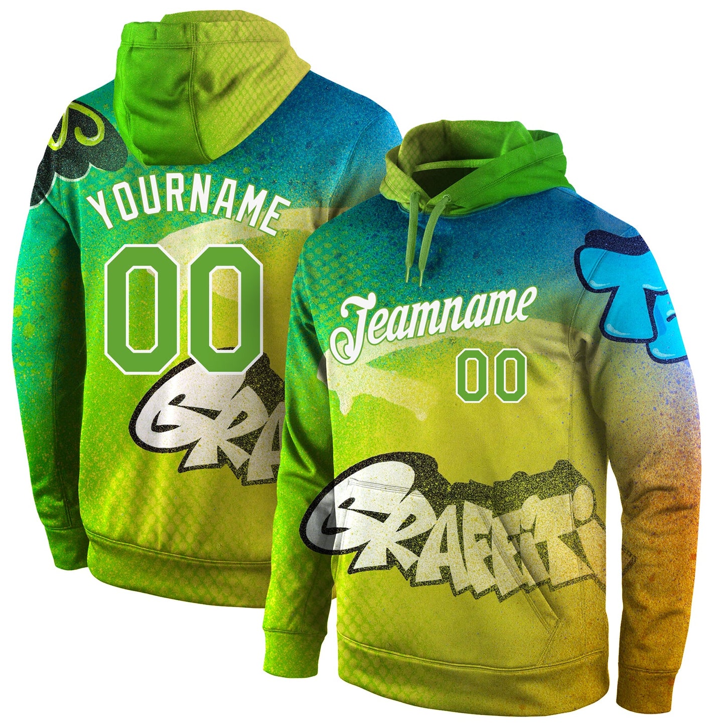 Custom Stitched Graffiti Pattern Neon Green-White 3D Sports Pullover Sweatshirt Hoodie - Main View