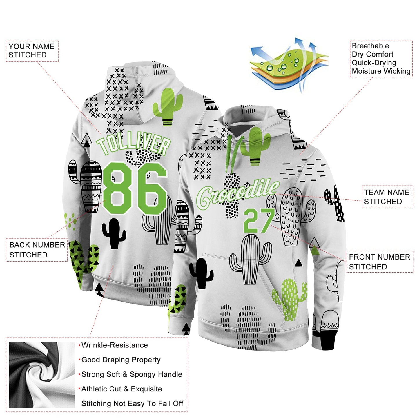 Custom Stitched Graffiti Pattern Neon Green-White 3D Cactus Sports Pullover Sweatshirt Hoodie view 4