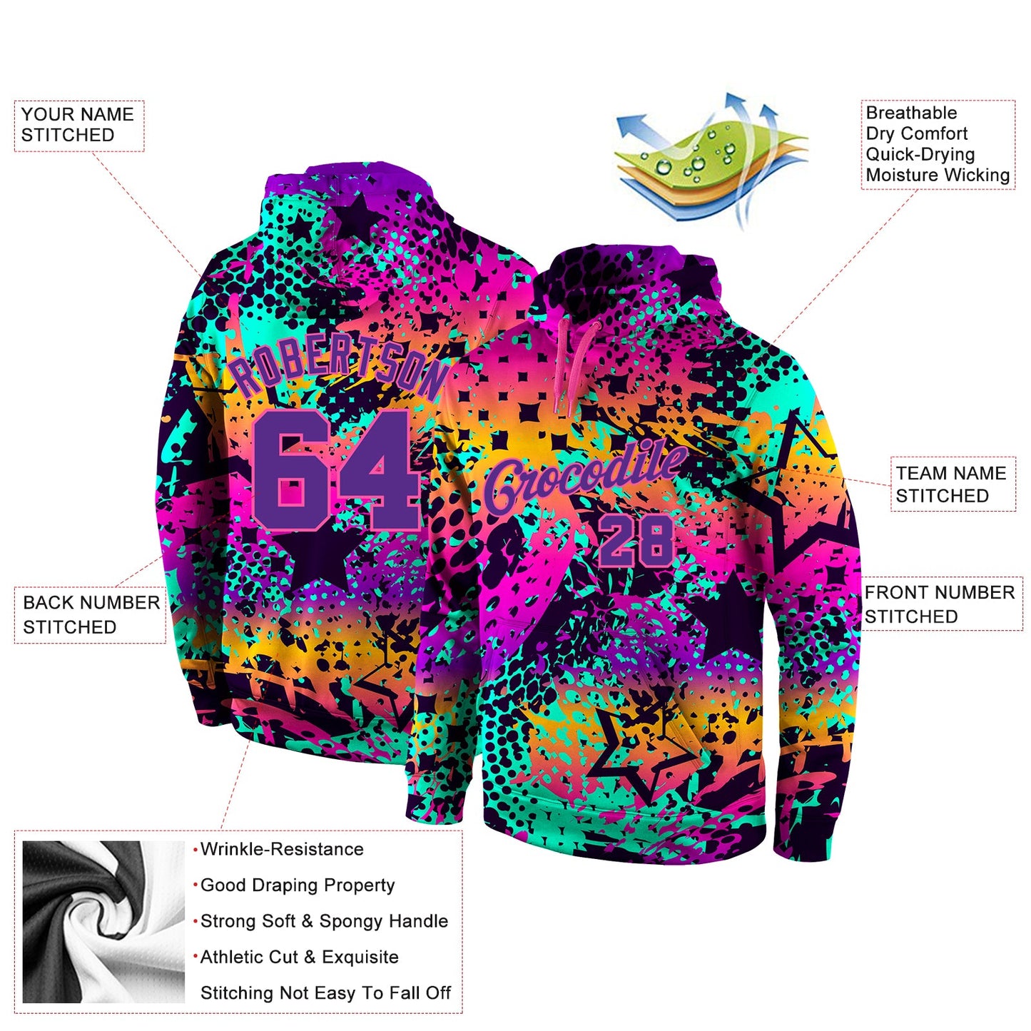 Custom Stitched Graffiti Pattern Purple-Pink 3D Sports Pullover Sweatshirt Hoodie view 4