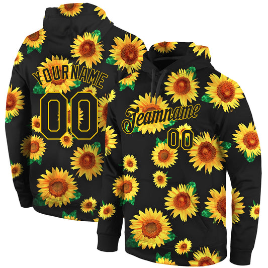 Custom Stitched Graffiti Pattern Black-Gold 3D Sunflowers Sports Pullover Sweatshirt Hoodie - Main View