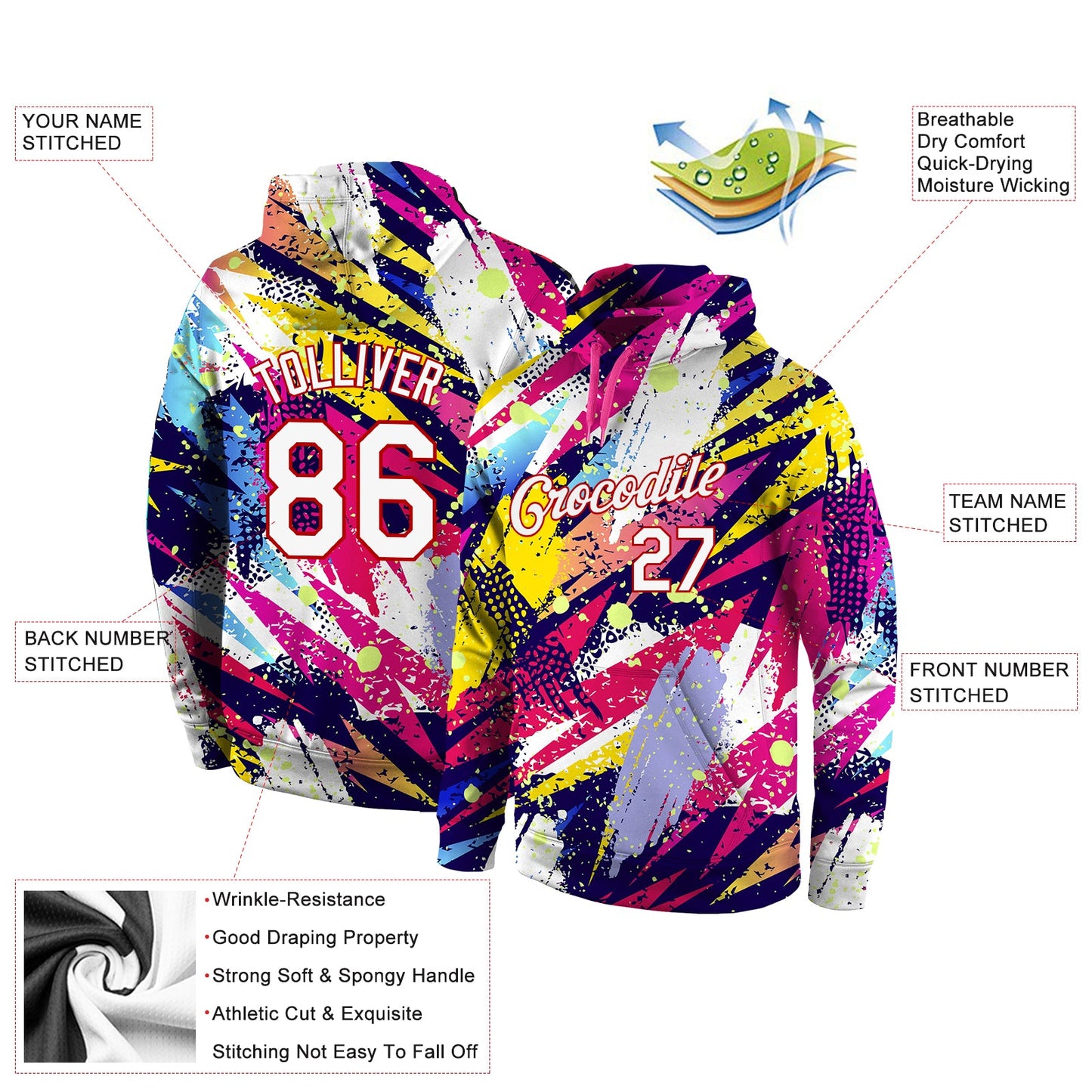 Custom Stitched Graffiti Pattern White-Red 3D Sports Pullover Sweatshirt Hoodie view 4