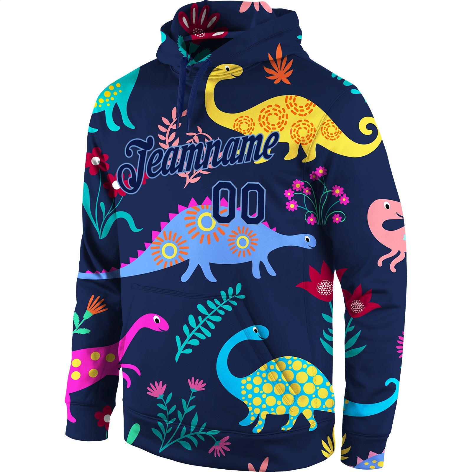 Custom Stitched Graffiti Pattern Navy-Light Blue 3D Dinosaur Sports Pullover Sweatshirt Hoodie view 2