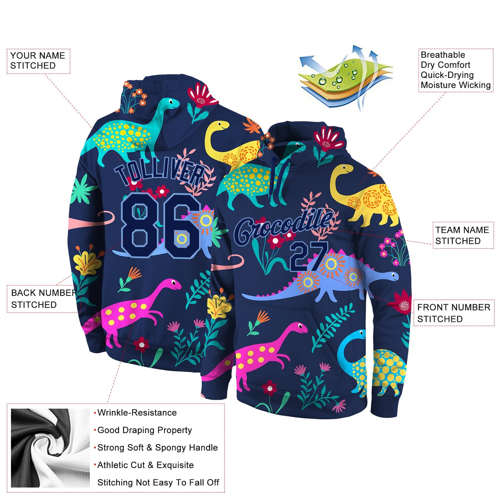Custom Stitched Graffiti Pattern Navy-Light Blue 3D Dinosaur Sports Pullover Sweatshirt Hoodie view 4