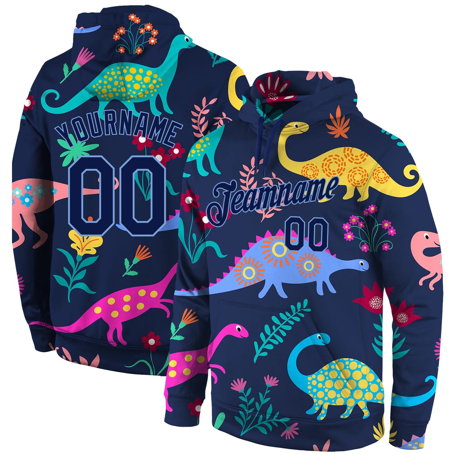 Custom Stitched Graffiti Pattern Navy-Light Blue 3D Dinosaur Sports Pullover Sweatshirt Hoodie - Main View