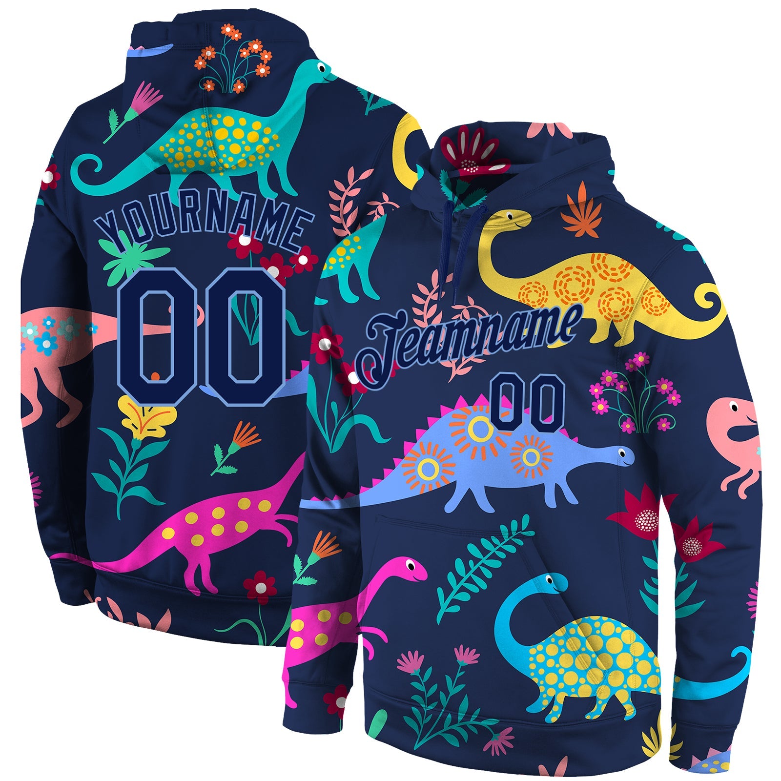 Custom Stitched Graffiti Pattern Navy-Light Blue 3D Dinosaur Sports Pullover Sweatshirt Hoodie - Main View
