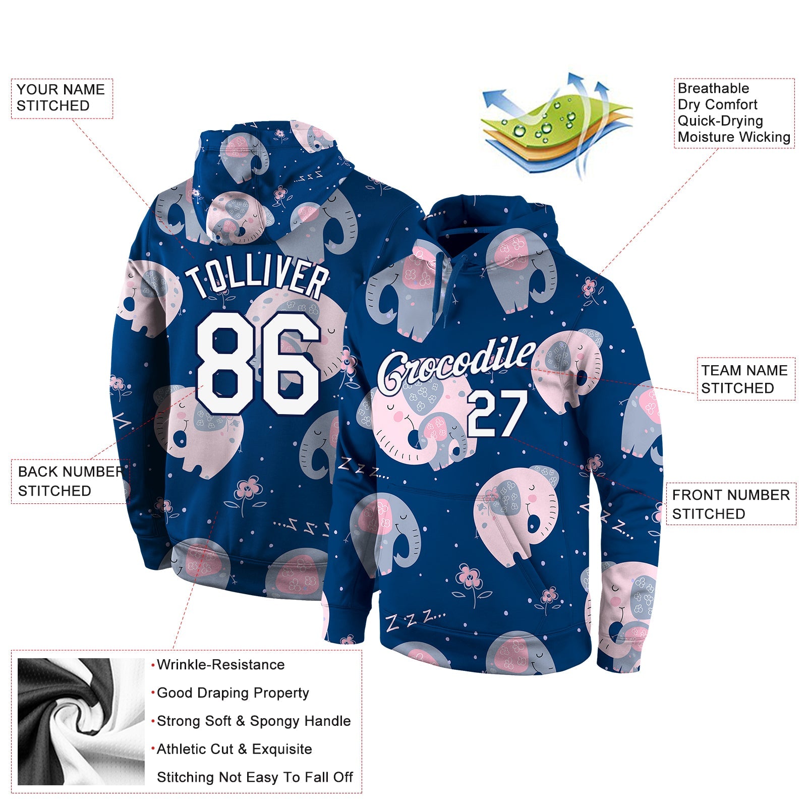 Custom Stitched Graffiti Pattern White-Navy 3D Elephant Sports Pullover Sweatshirt Hoodie view 4