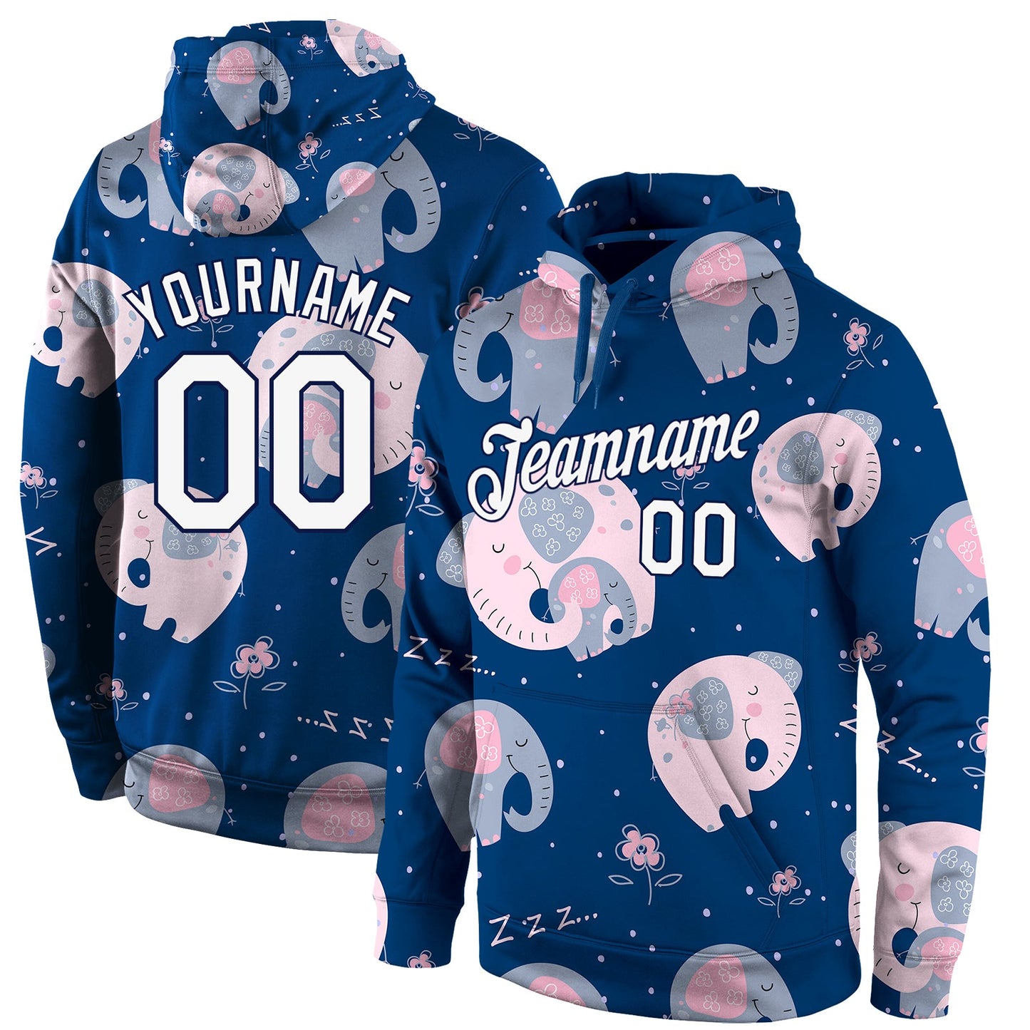 Custom Stitched Graffiti Pattern White-Navy 3D Elephant Sports Pullover Sweatshirt Hoodie - Main View