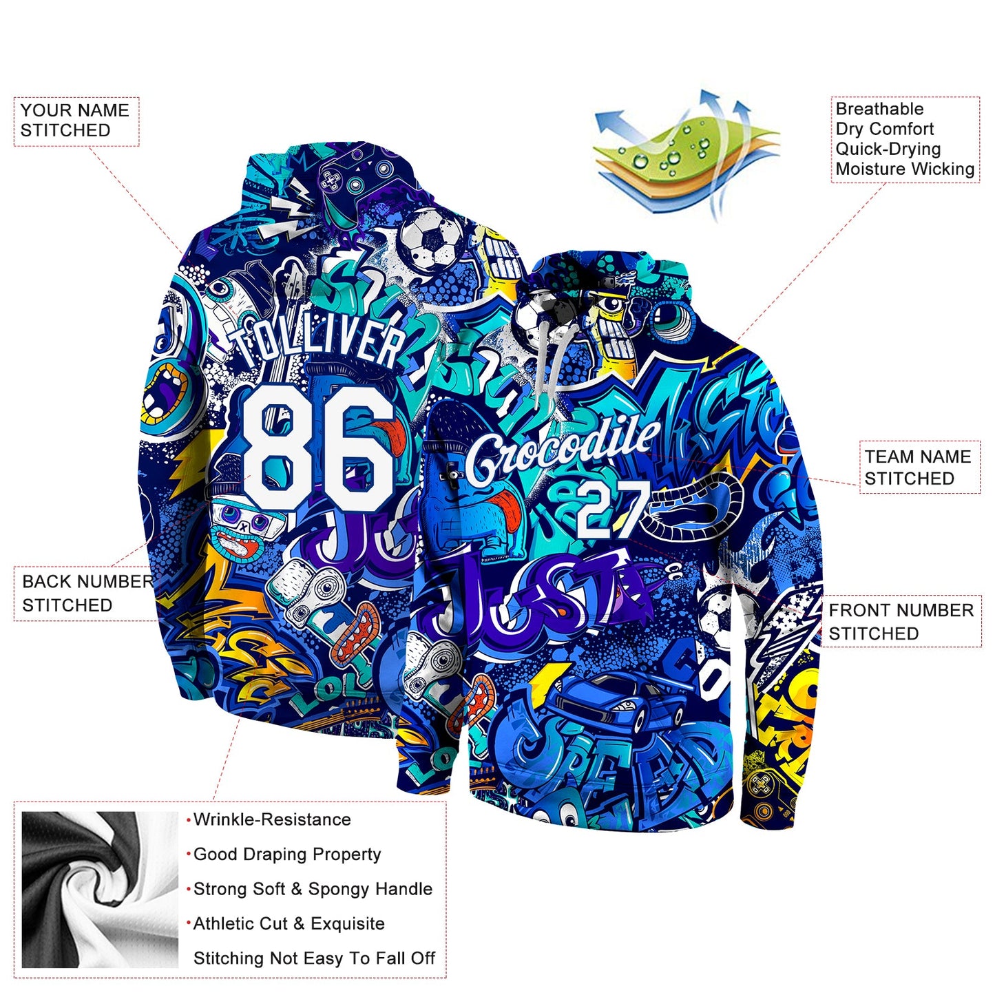 Custom Stitched Graffiti Pattern White-Royal 3D Sports Pullover Sweatshirt Hoodie view 5