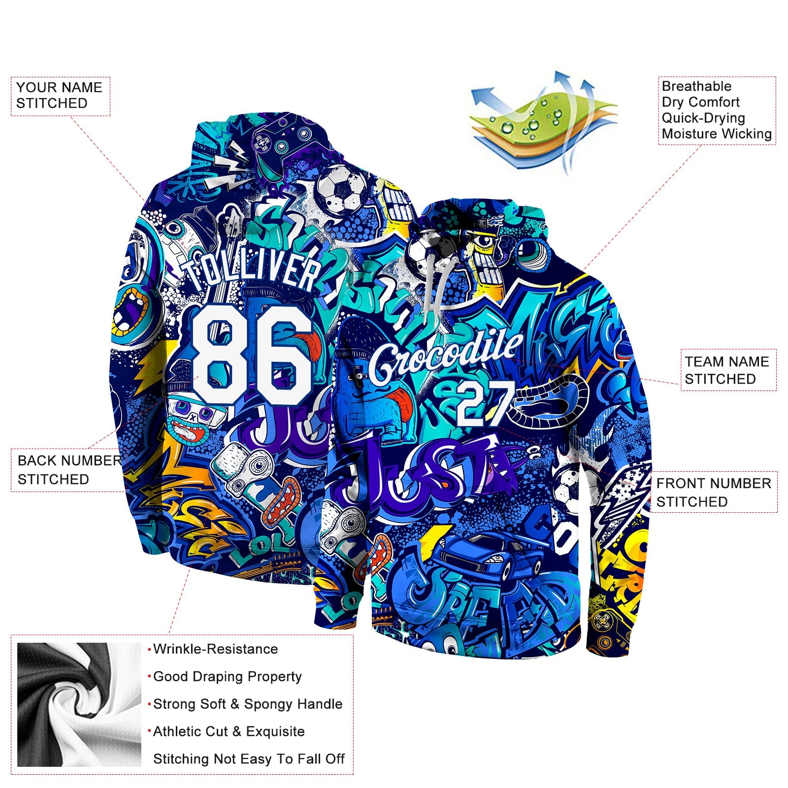 Custom Stitched Graffiti Pattern White-Royal 3D Sports Pullover Sweatshirt Hoodie view 5
