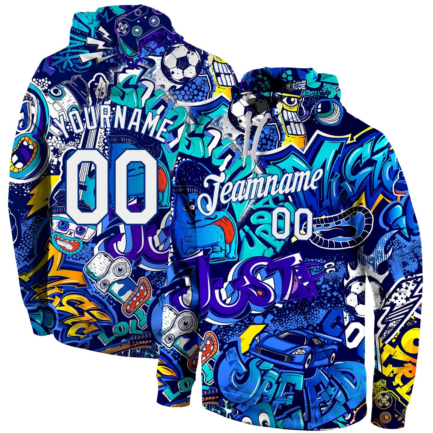 Custom Stitched Graffiti Pattern White-Royal 3D Sports Pullover Sweatshirt Hoodie - Main View
