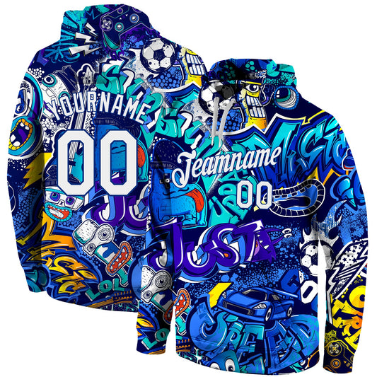 Custom Stitched Graffiti Pattern White-Royal 3D Sports Pullover Sweatshirt Hoodie - Main View