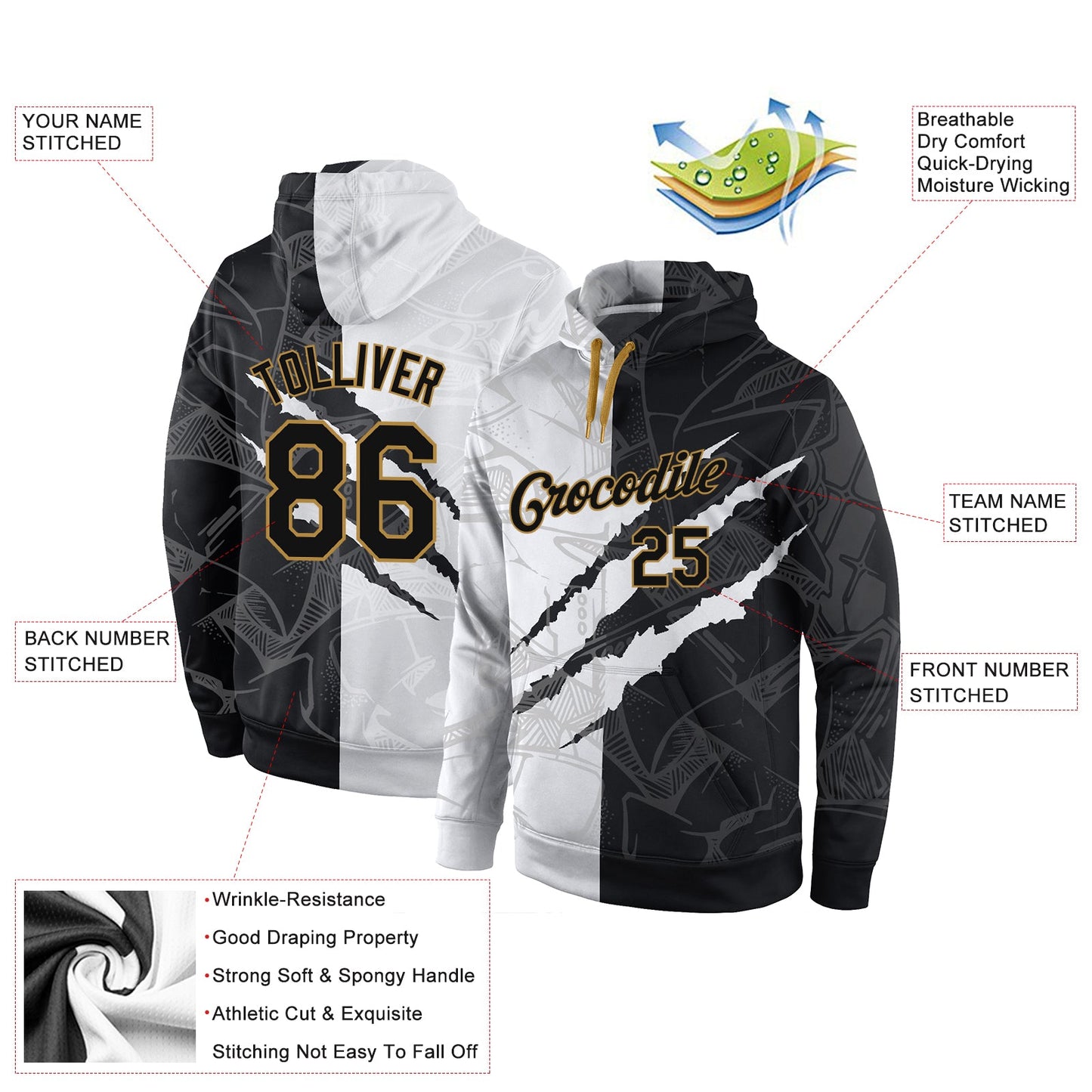 Custom Stitched Graffiti Pattern Black-Old Gold 3D Sports Pullover Sweatshirt Hoodie view 6