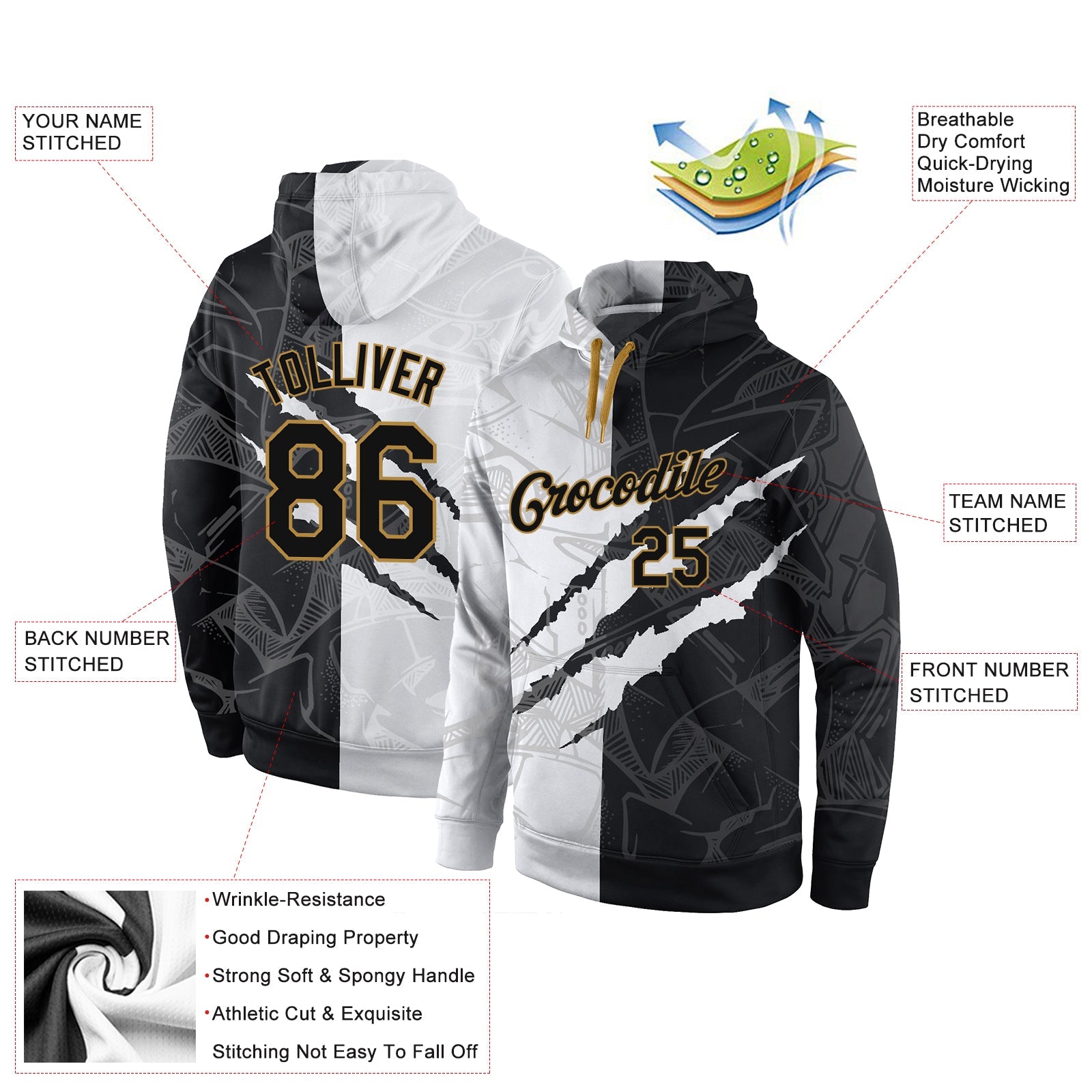 Custom Stitched Graffiti Pattern Black-Old Gold 3D Sports Pullover Sweatshirt Hoodie view 6