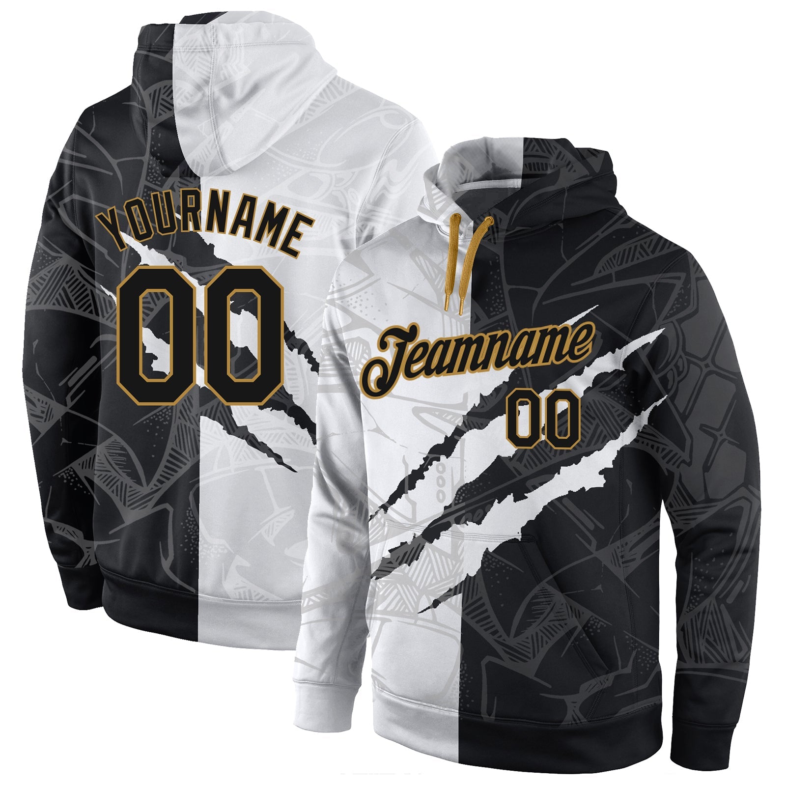 Custom Stitched Graffiti Pattern Black-Old Gold 3D Sports Pullover Sweatshirt Hoodie - Main View