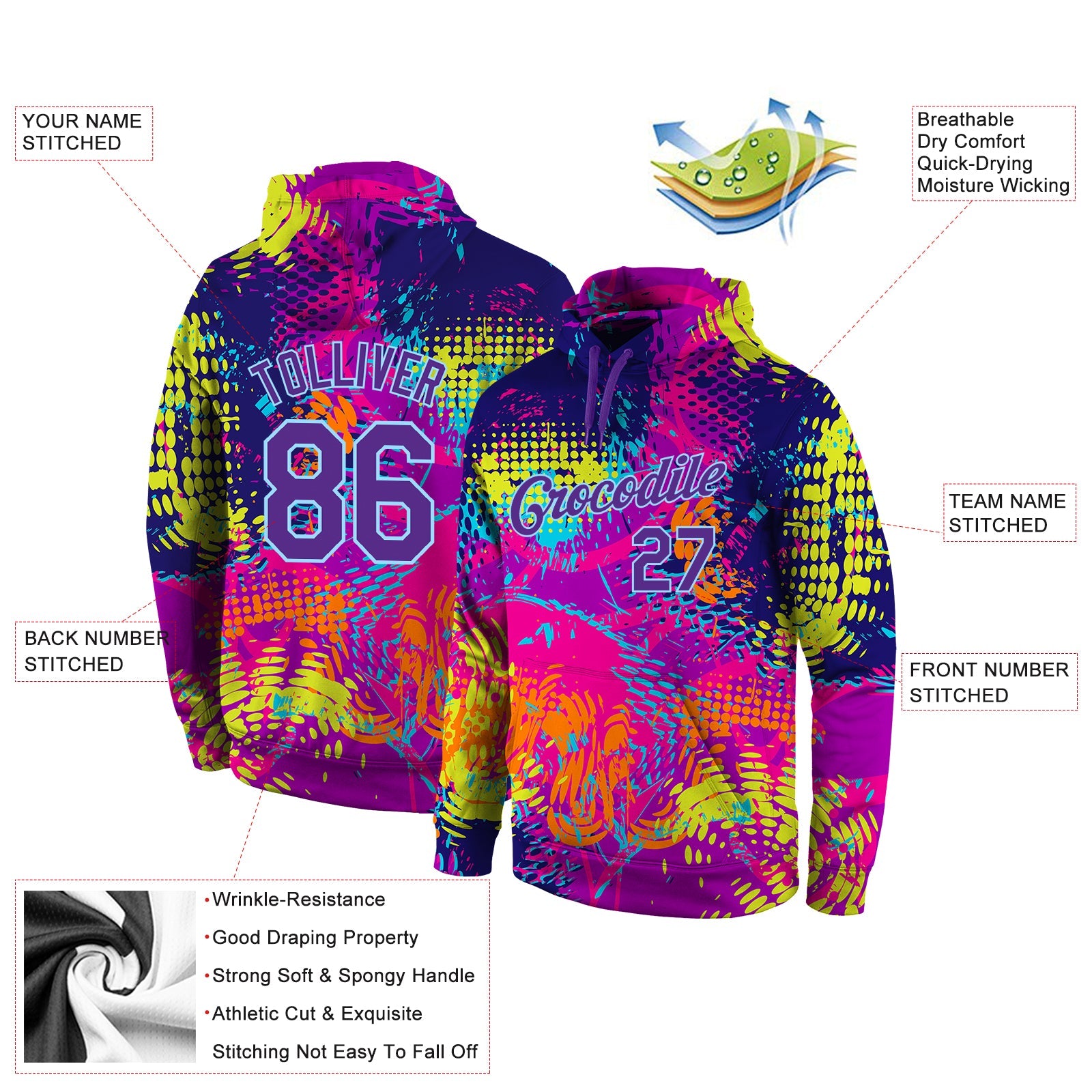 Custom Stitched Graffiti Pattern Purple-Light Blue 3D Sports Pullover Sweatshirt Hoodie view 4