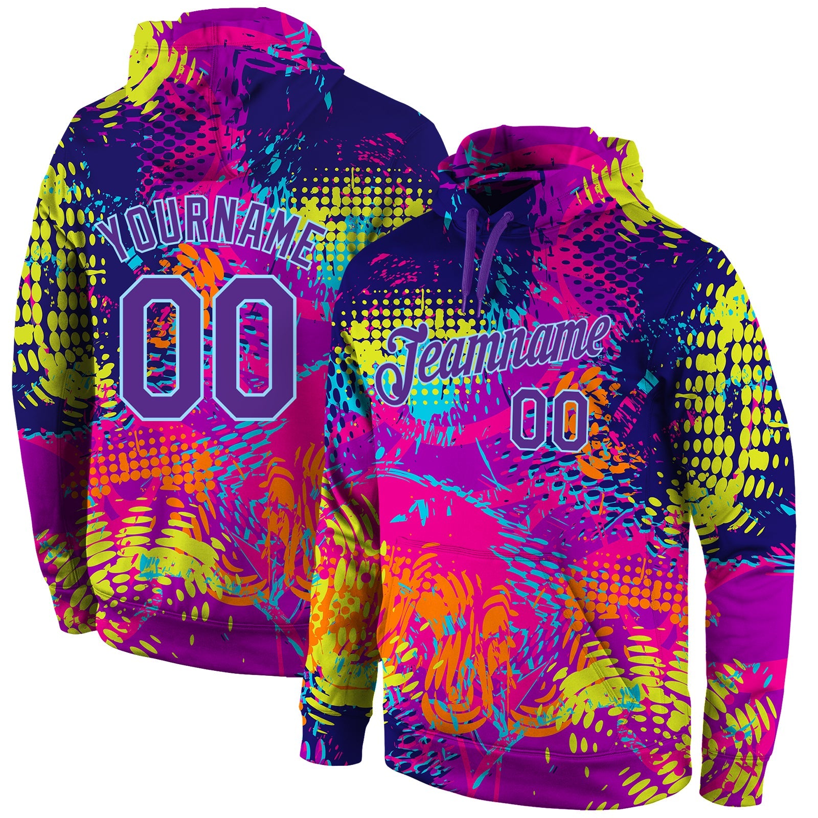 Custom Stitched Graffiti Pattern Purple-Light Blue 3D Sports Pullover Sweatshirt Hoodie - Main View