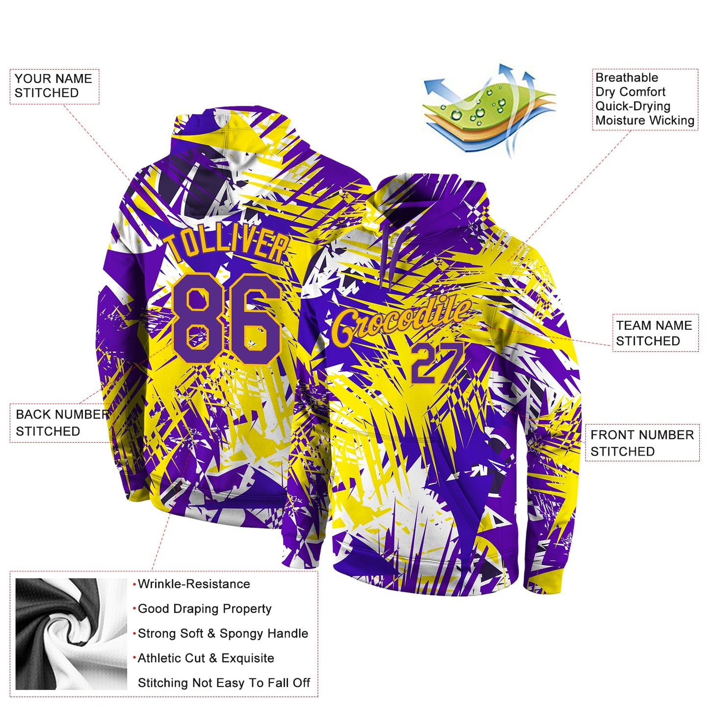 Custom Stitched Graffiti Pattern Purple-Gold 3D Sports Pullover Sweatshirt Hoodie view 4