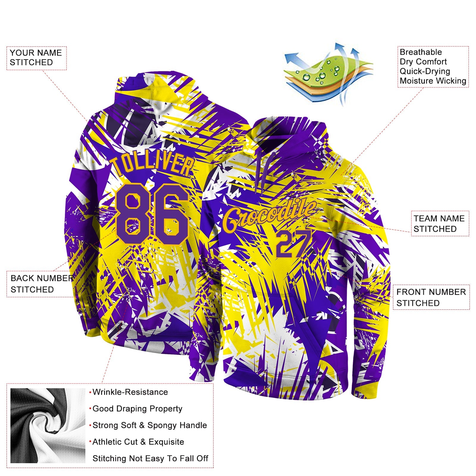 Custom Stitched Graffiti Pattern Purple-Gold 3D Sports Pullover Sweatshirt Hoodie view 4