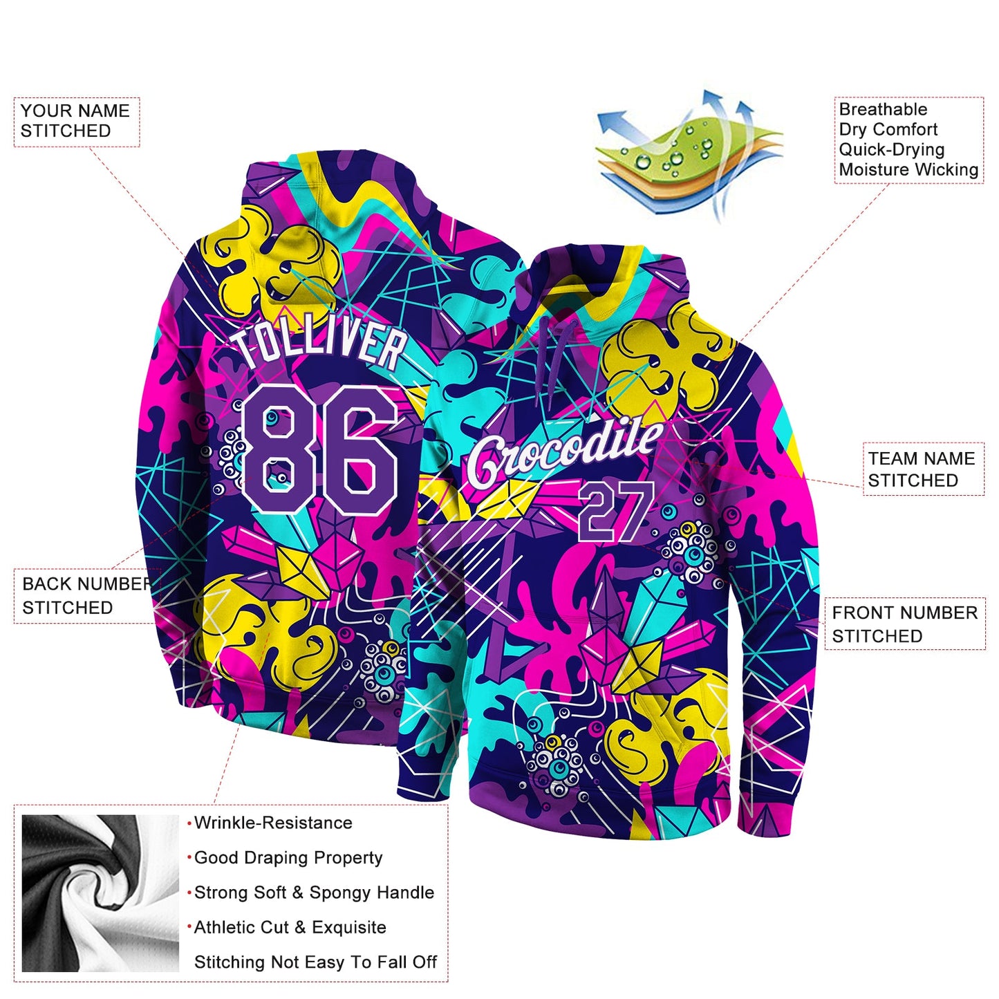 Custom Stitched Graffiti Pattern Purple-White 3D Sports Pullover Sweatshirt Hoodie view 4