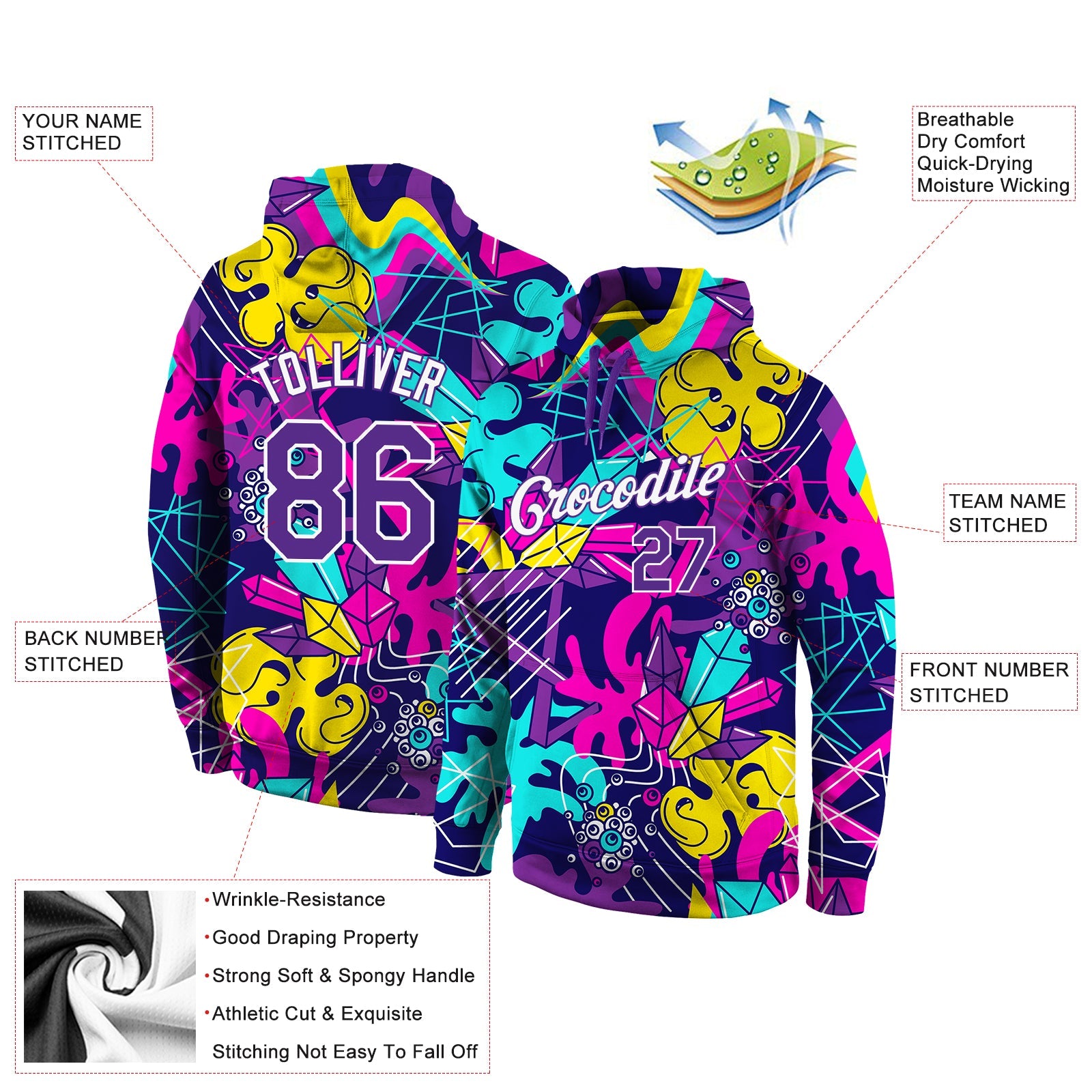 Custom Stitched Graffiti Pattern Purple-White 3D Sports Pullover Sweatshirt Hoodie view 4