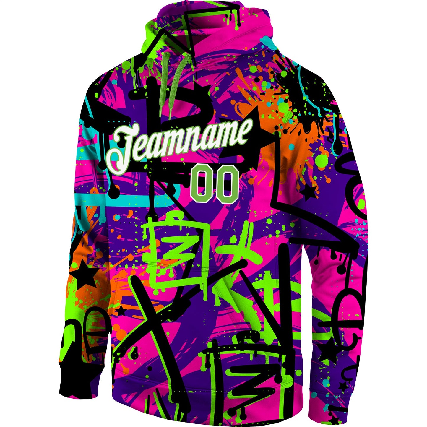 Custom Stitched Graffiti Pattern Neon Green-White 3D Sports Pullover Sweatshirt Hoodie view 3