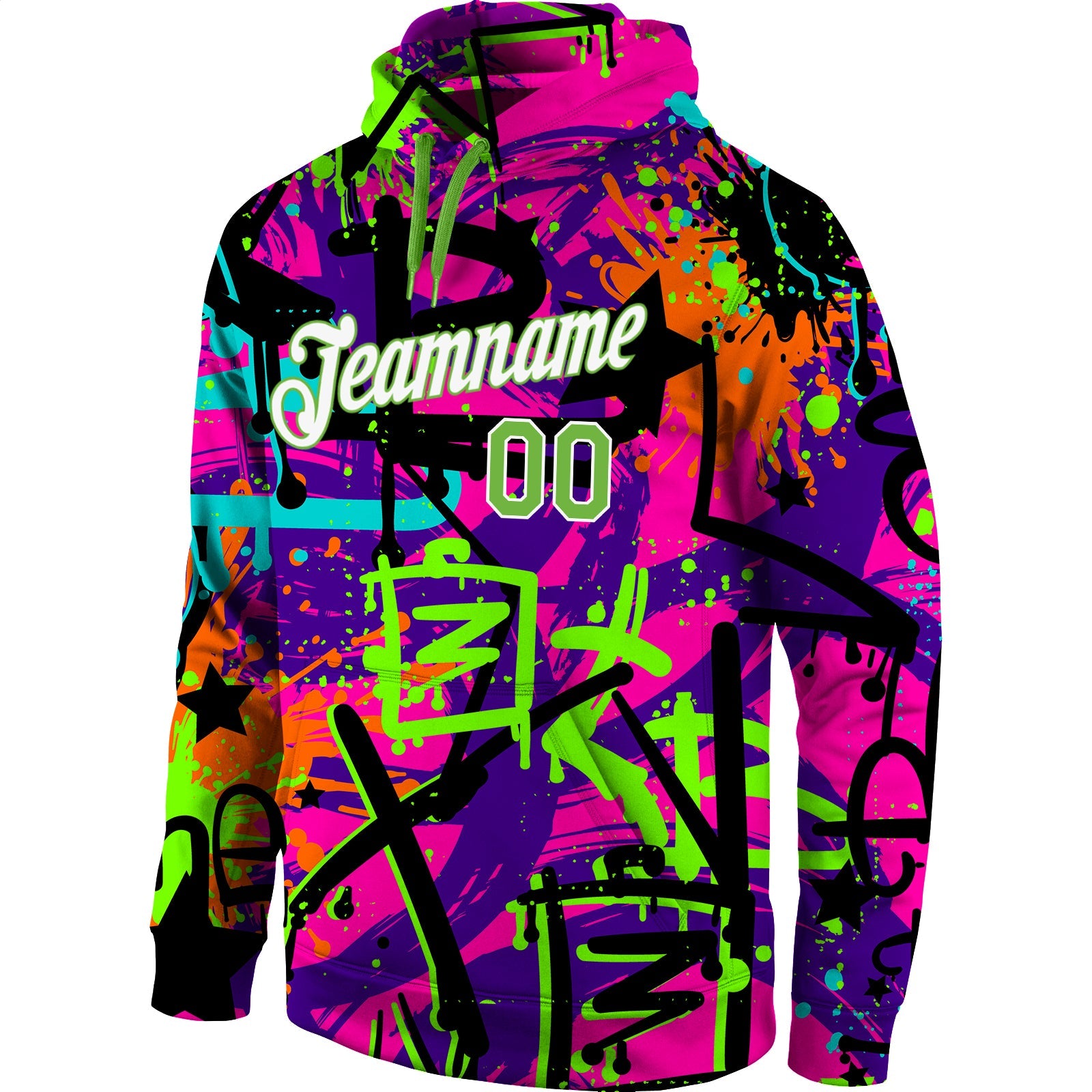 Custom Stitched Graffiti Pattern Neon Green-White 3D Sports Pullover Sweatshirt Hoodie view 3