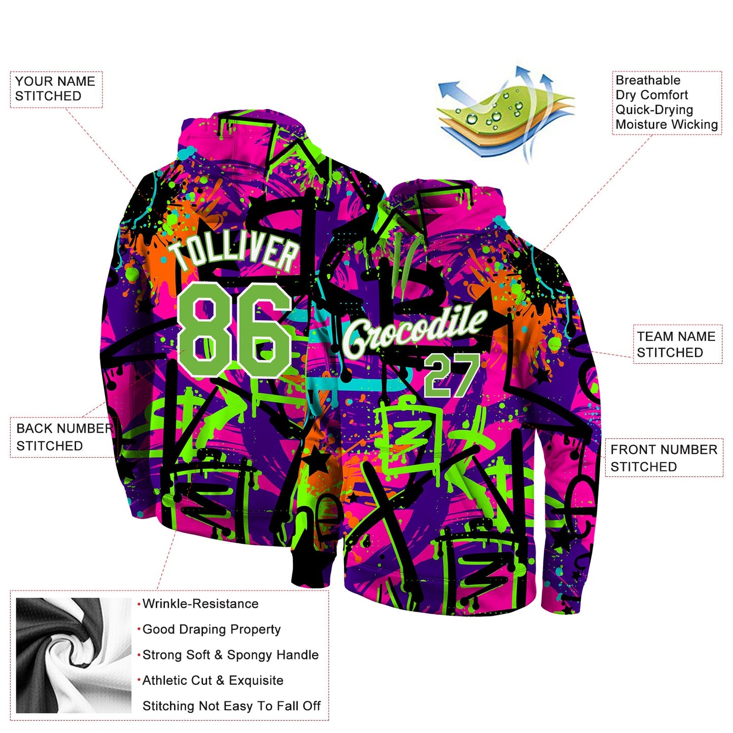 Custom Stitched Graffiti Pattern Neon Green-White 3D Sports Pullover Sweatshirt Hoodie view 5