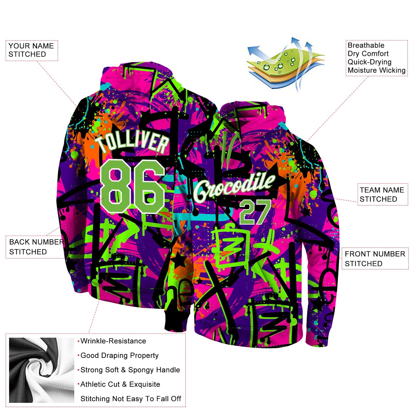 Custom Stitched Graffiti Pattern Neon Green-White 3D Sports Pullover Sweatshirt Hoodie view 5