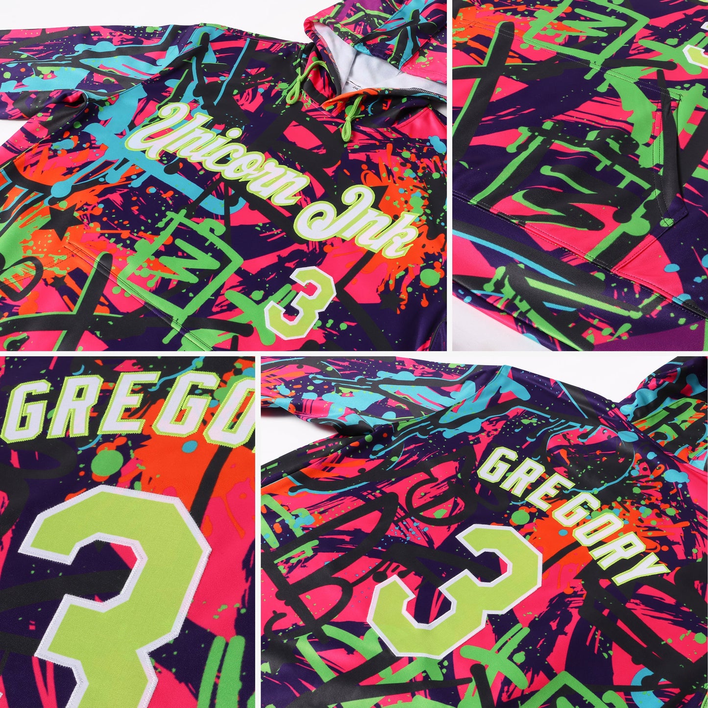 Custom Stitched Graffiti Pattern Neon Green-White 3D Sports Pullover Sweatshirt Hoodie view 2