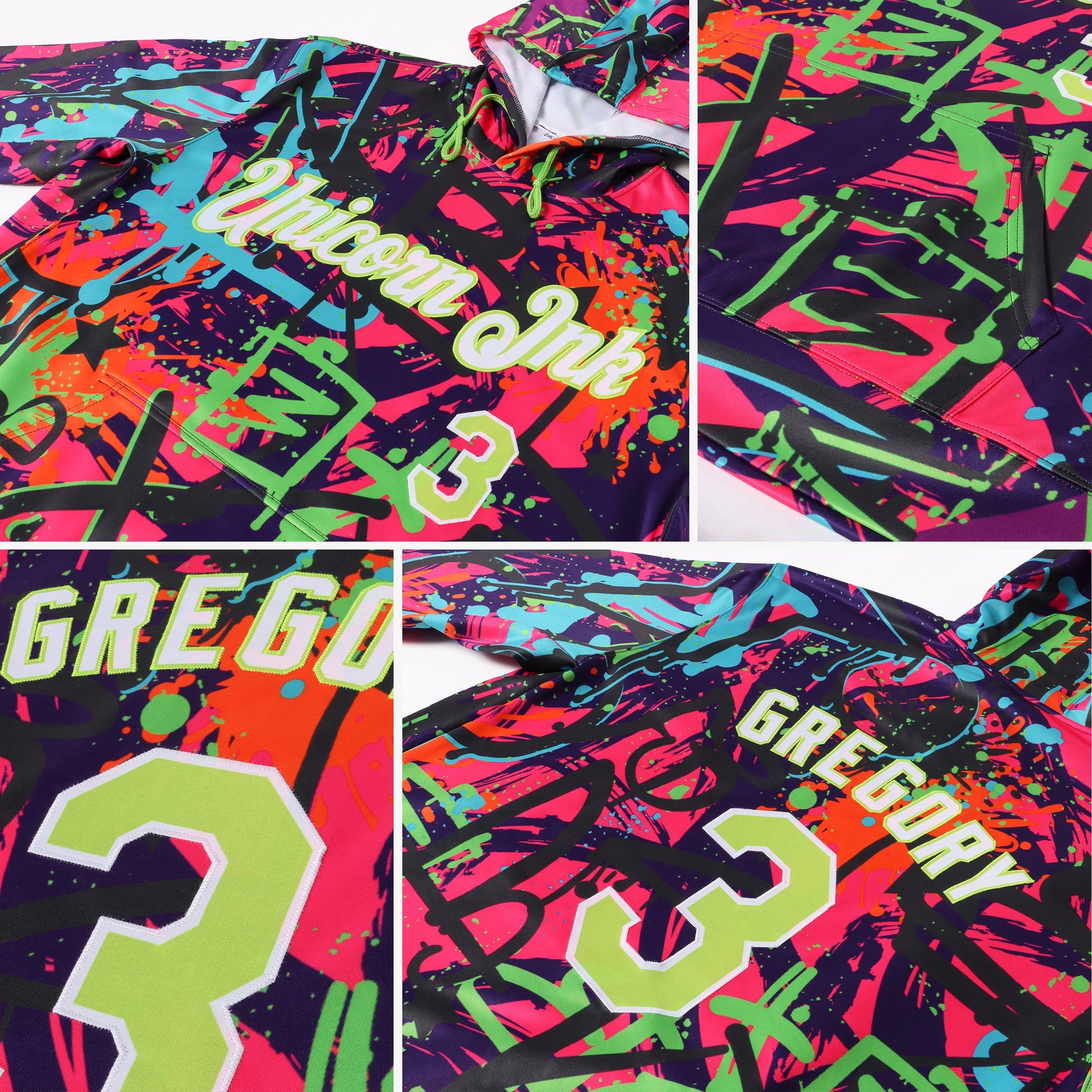 Custom Stitched Graffiti Pattern Neon Green-White 3D Sports Pullover Sweatshirt Hoodie view 2