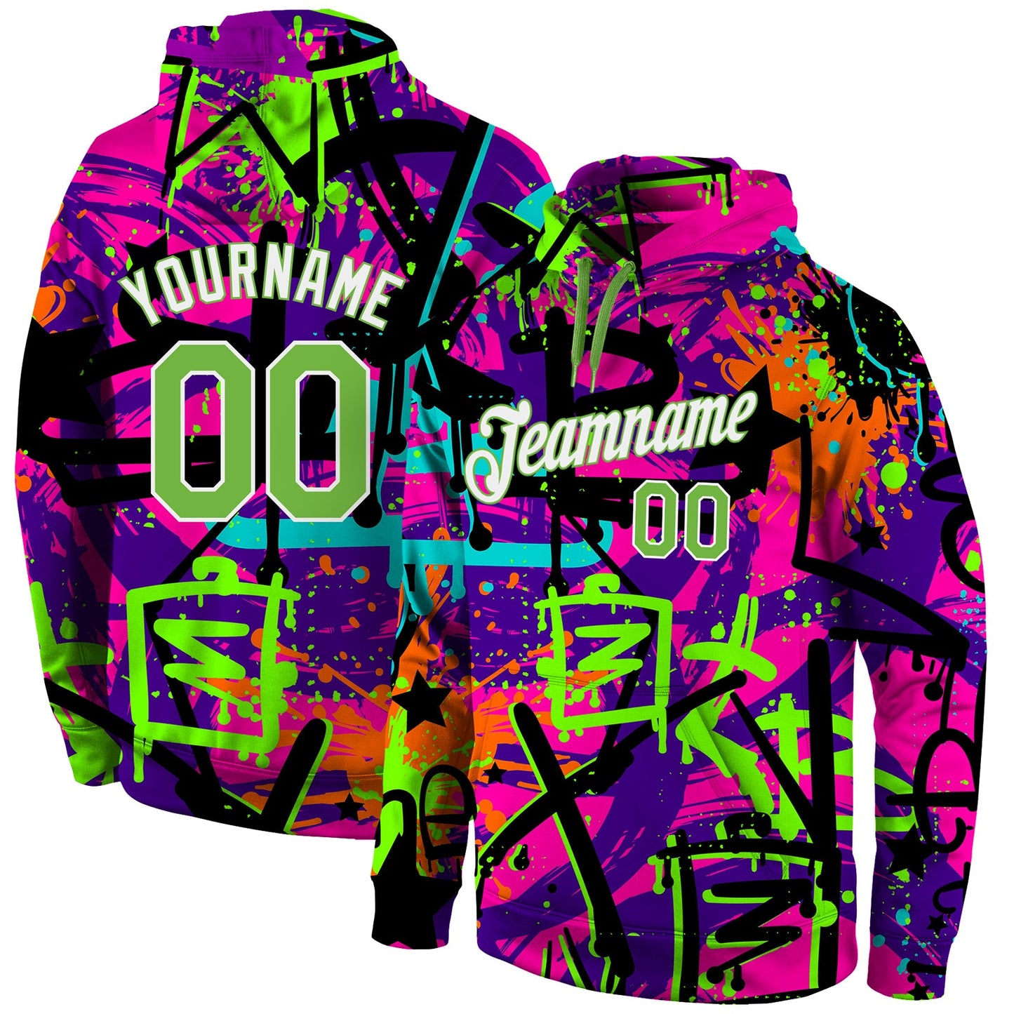 Custom Stitched Graffiti Pattern Neon Green-White 3D Sports Pullover Sweatshirt Hoodie - Main View