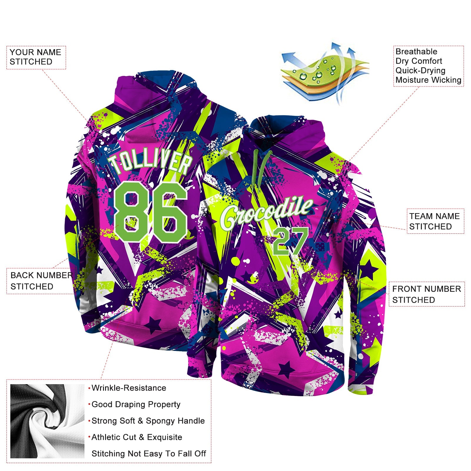 Custom Stitched Graffiti Pattern Neon Green-White 3D Sports Pullover Sweatshirt Hoodie view 4