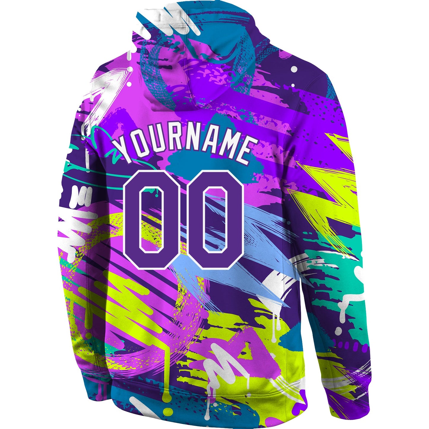 Custom Stitched Graffiti Pattern Purple-White 3D Sports Pullover Sweatshirt Hoodie view 3