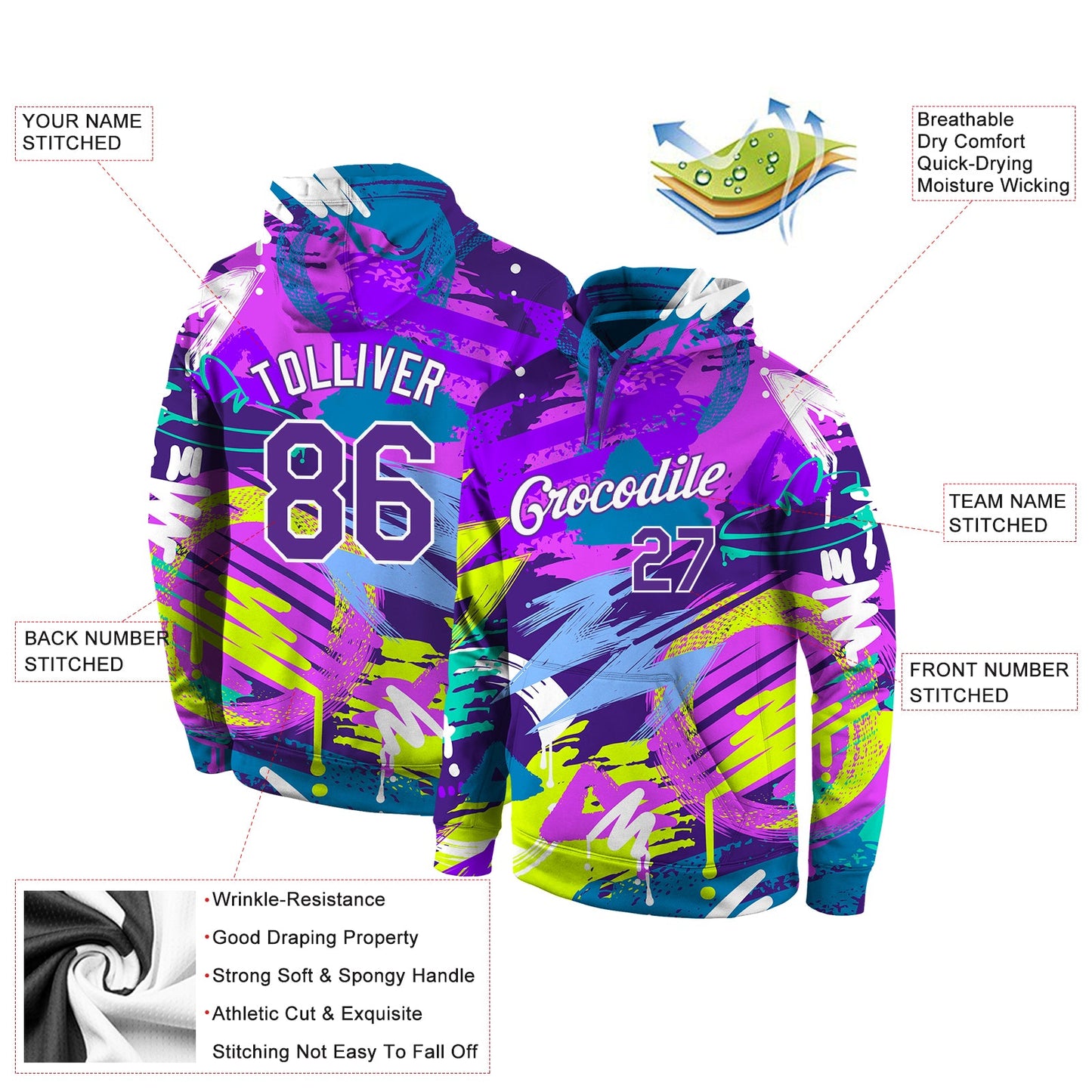 Custom Stitched Graffiti Pattern Purple-White 3D Sports Pullover Sweatshirt Hoodie view 4