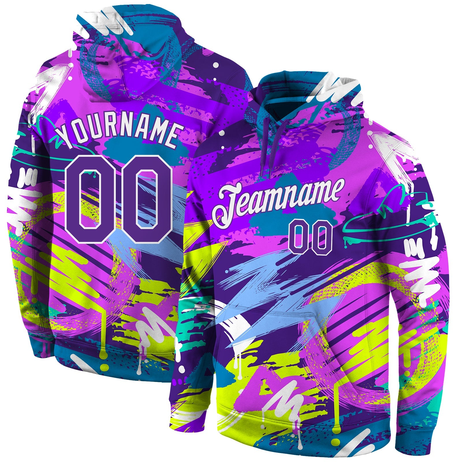 Custom Stitched Graffiti Pattern Purple-White 3D Sports Pullover Sweatshirt Hoodie - Main View