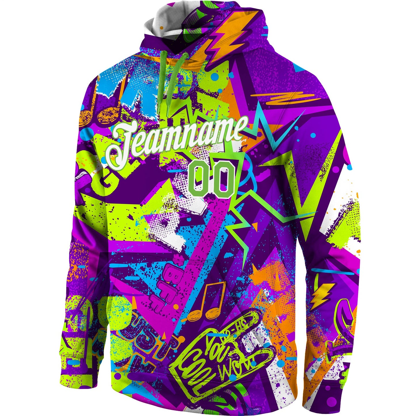 Custom Stitched Graffiti Pattern Neon Green-White 3D Sports Pullover Sweatshirt Hoodie view 2