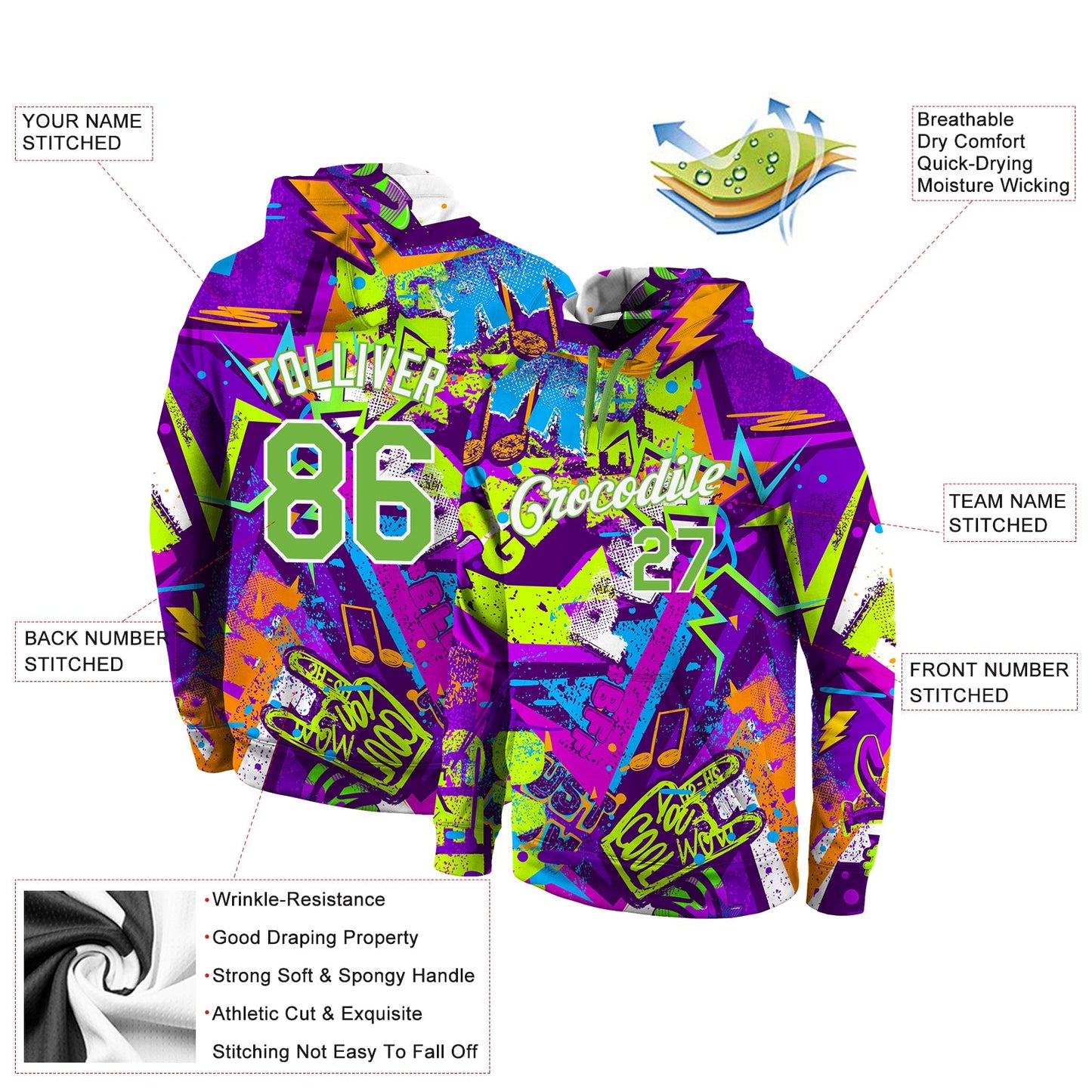 Custom Stitched Graffiti Pattern Neon Green-White 3D Sports Pullover Sweatshirt Hoodie view 4