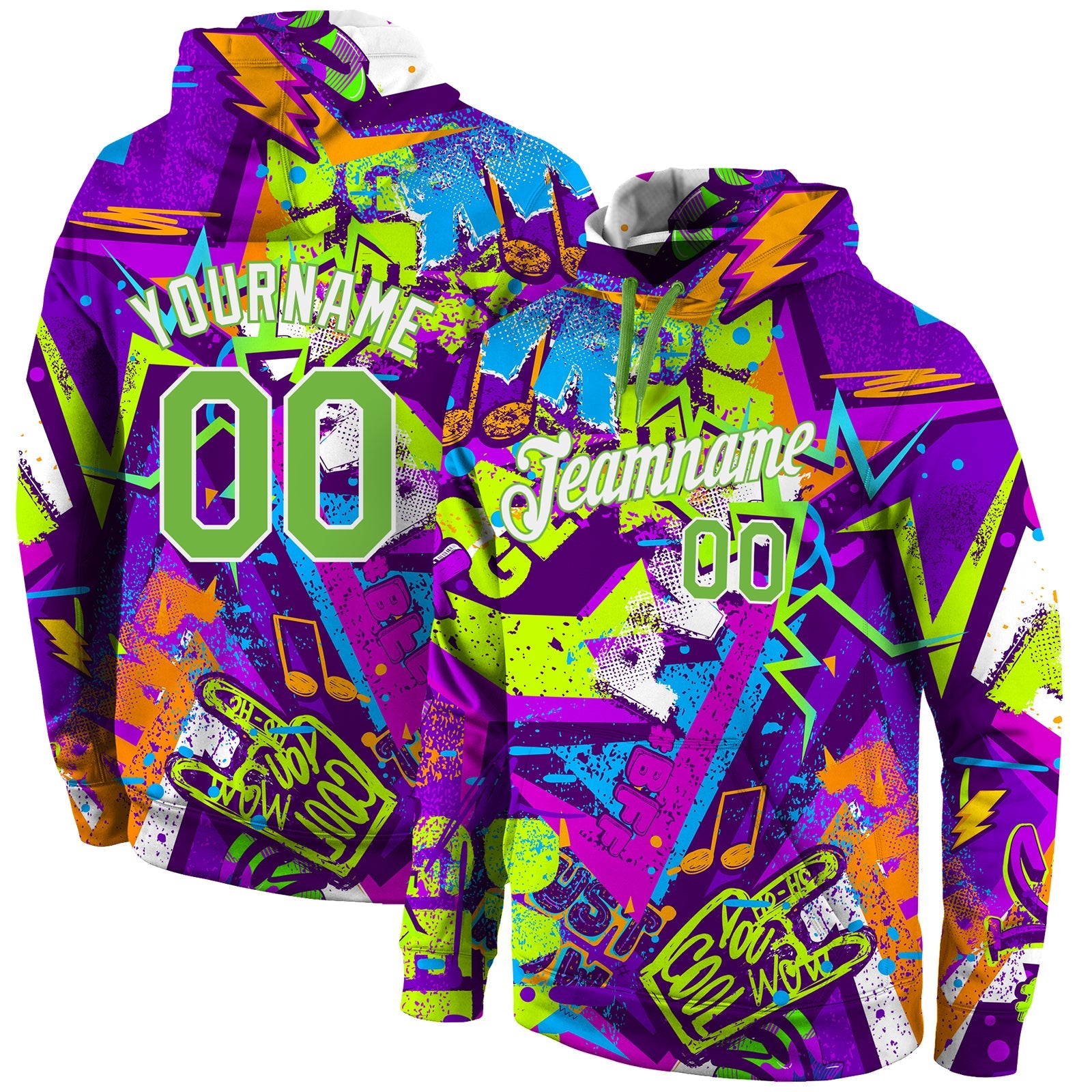Custom Stitched Graffiti Pattern Neon Green-White 3D Sports Pullover Sweatshirt Hoodie - Main View