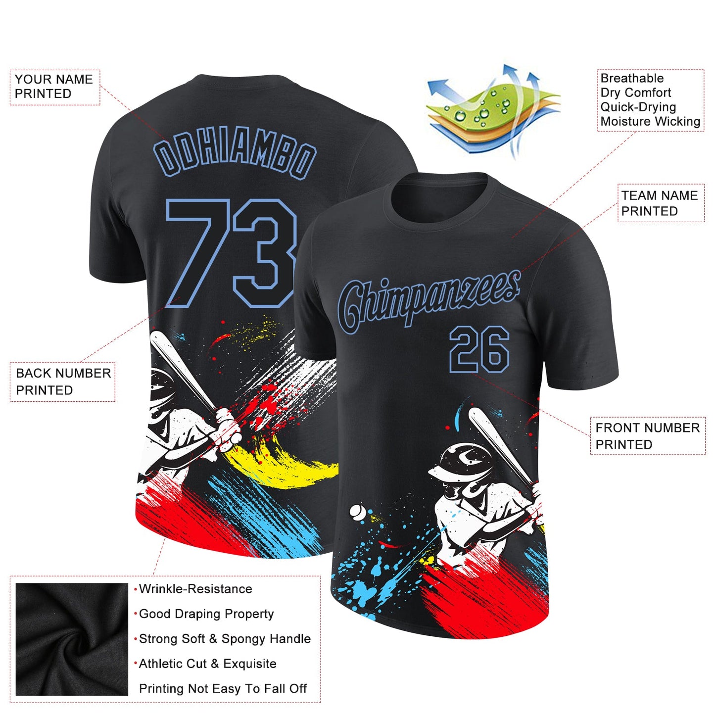 Custom Graffiti Pattern Black-Light Blue 3D Performance T-Shirt view 2