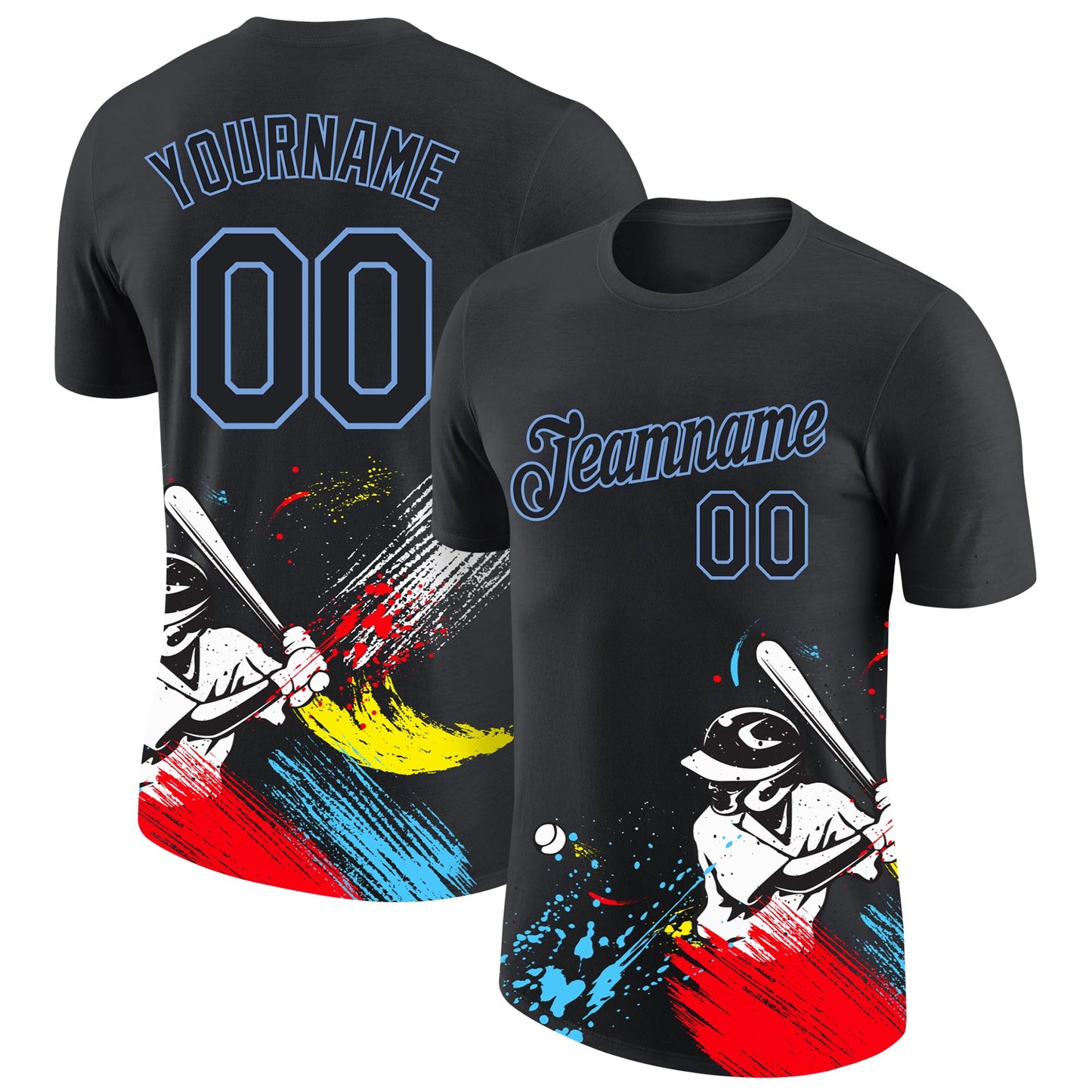 Custom Graffiti Pattern Black-Light Blue 3D Performance T-Shirt - Main View