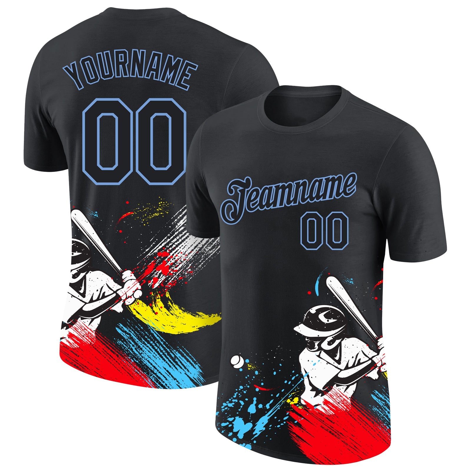 Custom Graffiti Pattern Black-Light Blue 3D Performance T-Shirt - Main View