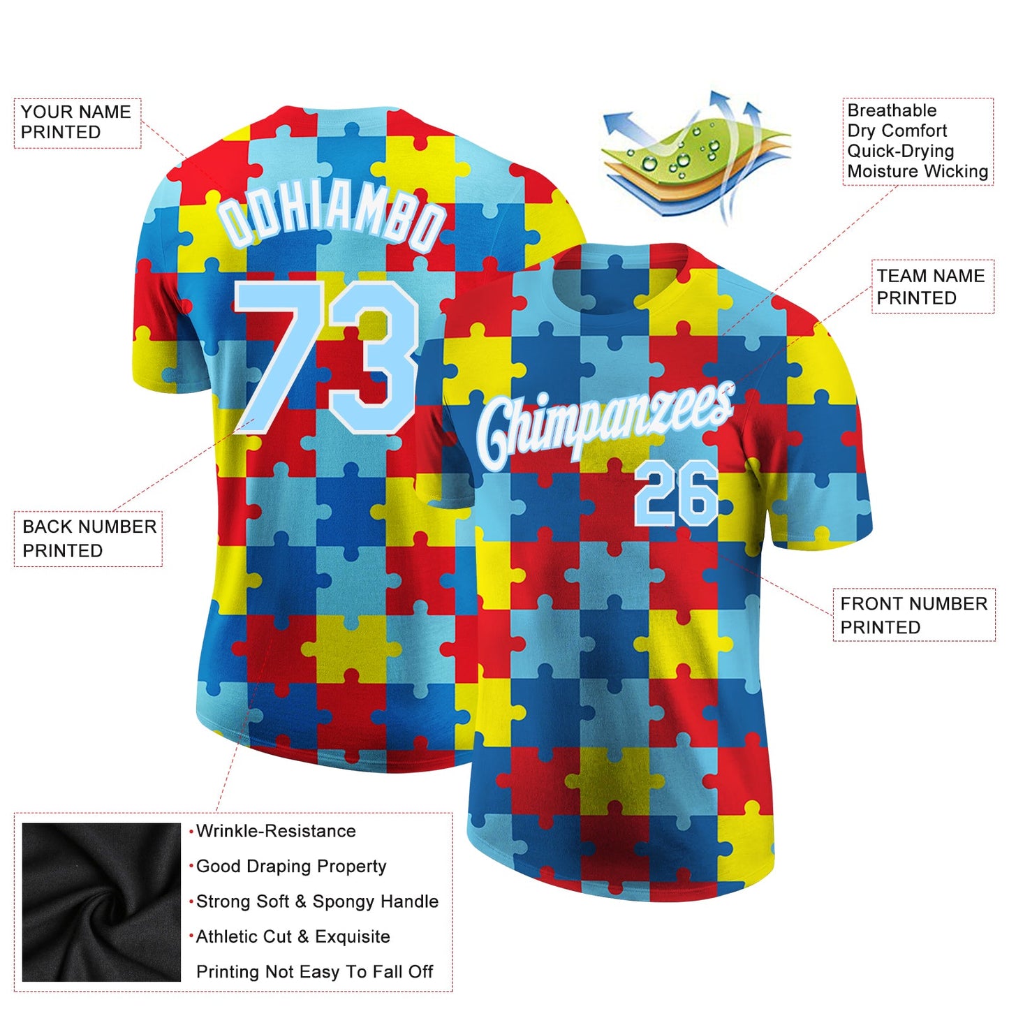 Custom Autism Supporter Awareness Puzzle Pieces Light Blue-White 3D Performance T-Shirt view 3