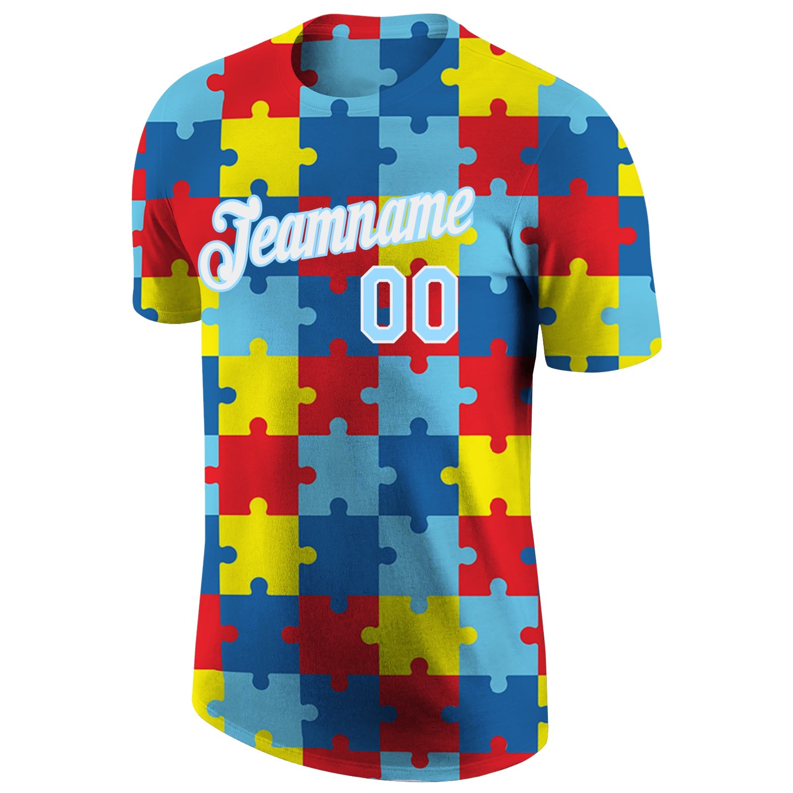 Custom Autism Supporter Awareness Puzzle Pieces Light Blue-White 3D Performance T-Shirt view 6