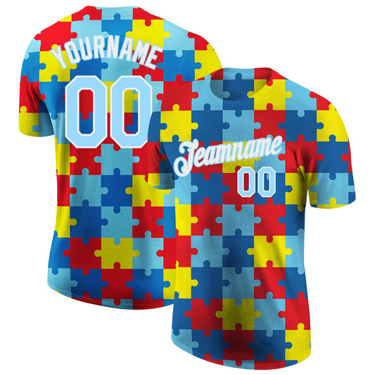 Custom Autism Supporter Awareness Puzzle Pieces Light Blue-White 3D Performance T-Shirt - Main View
