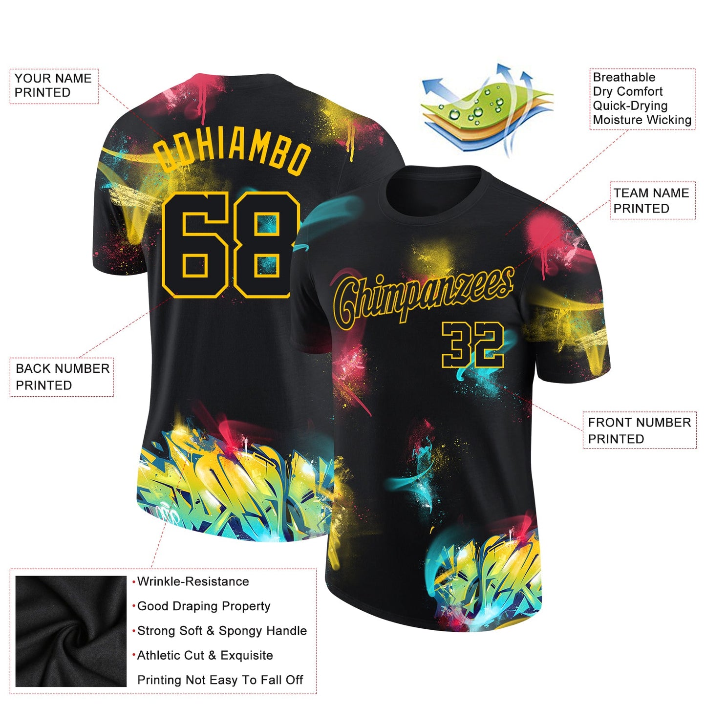 Custom Graffiti Pattern Black-Gold 3D Performance T-Shirt view 2