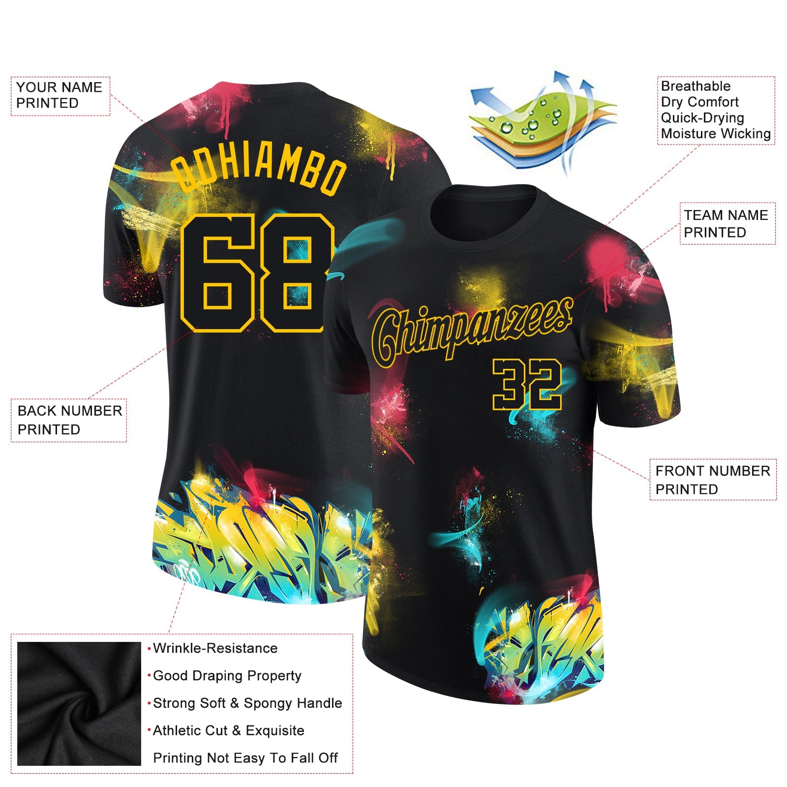 Custom Graffiti Pattern Black-Gold 3D Performance T-Shirt view 2