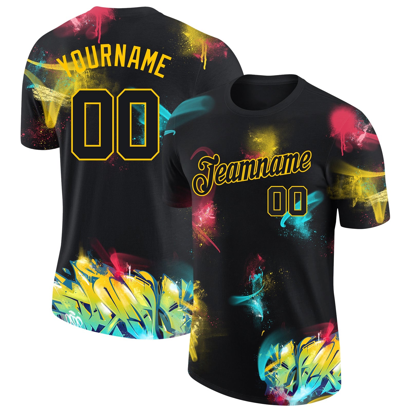 Custom Graffiti Pattern Black-Gold 3D Performance T-Shirt - Main View