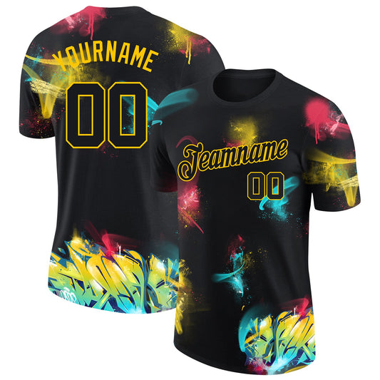 Custom Graffiti Pattern Black-Gold 3D Performance T-Shirt - Main View