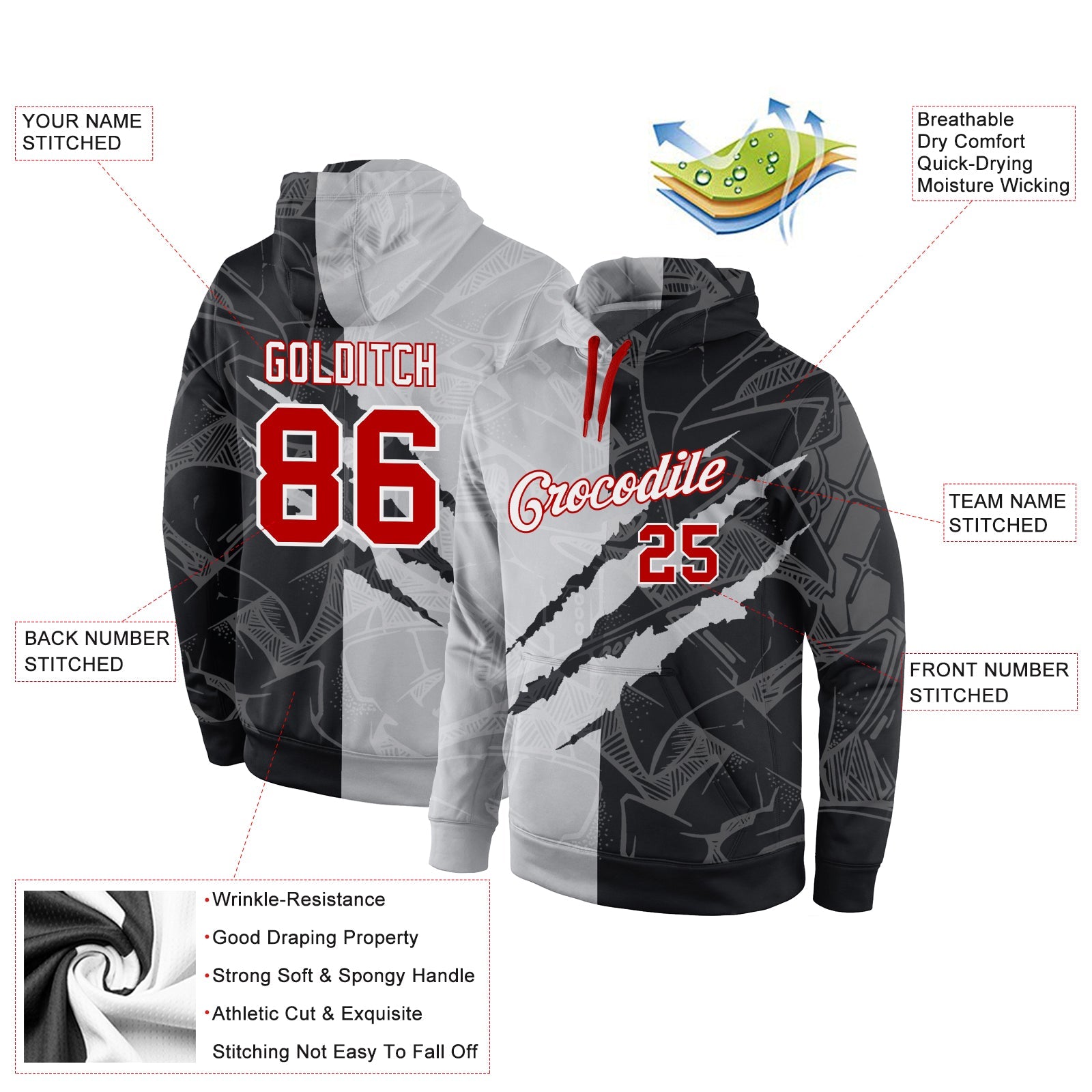 Custom Stitched Graffiti Pattern Red-White 3D Sports Pullover Sweatshirt Hoodie view 2